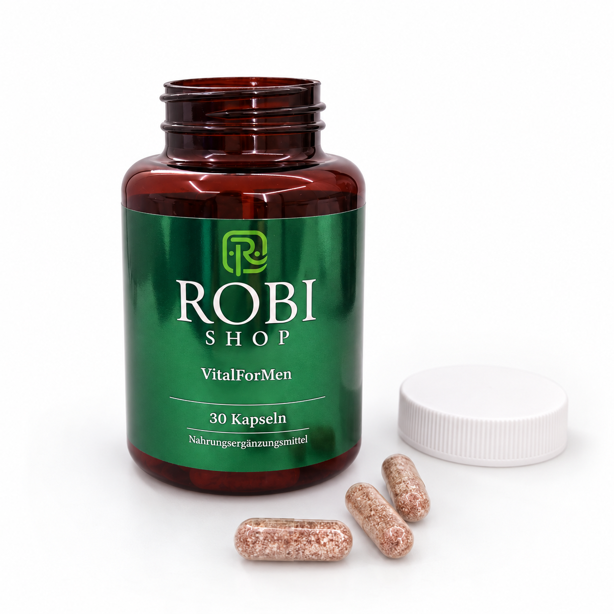 Geöffnete Flasche mit Kapseln